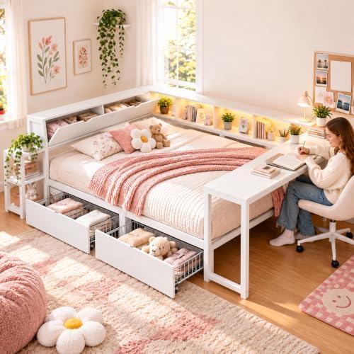 Queen Corner Bed with Desk and Storage, LED corner Bed Frame by MoproBeti