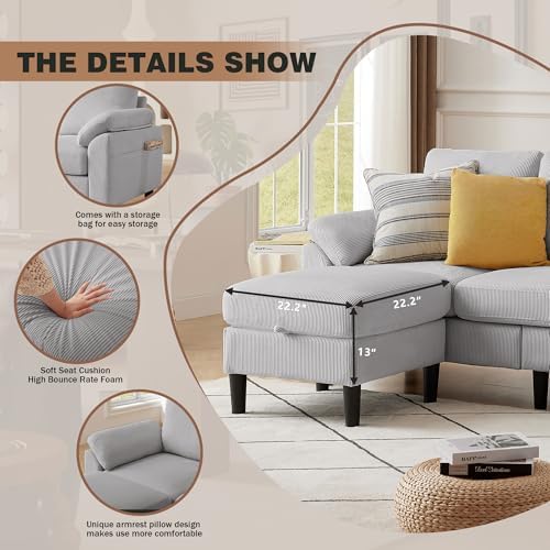 80''L Shaped Sectional Sofa Couch, 3 Seater Corduroy Sofa - Image 6