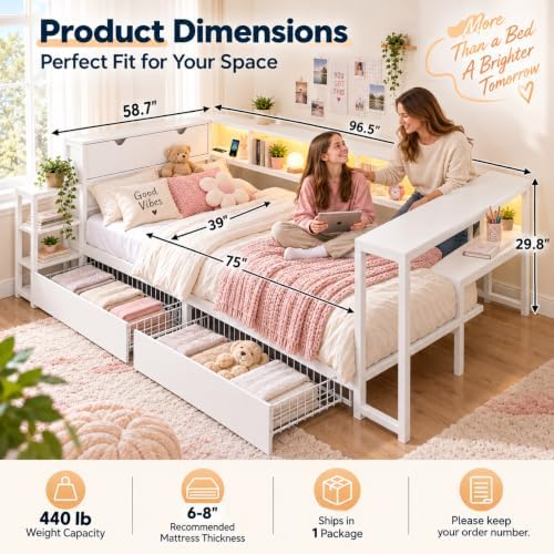 Twin Corner Bed with Desk and Storage, LED Corner Bed Frame Twin - Image 2