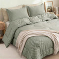 Queen Comforter Set, Fluffy Green Gingham Plaid Bedding, 3 Pieces by SunNewt