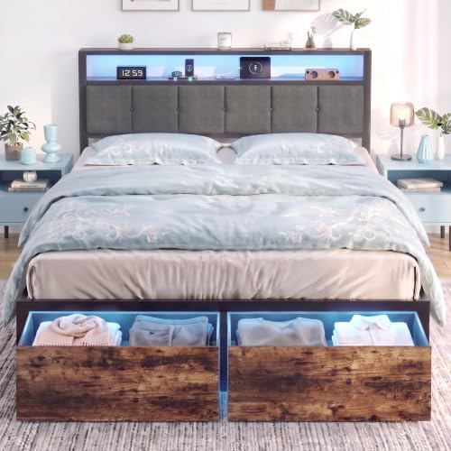 Queen Bed Frame with 2 Drawers and Storage Headboard, Metal Platform with LED by Unknown