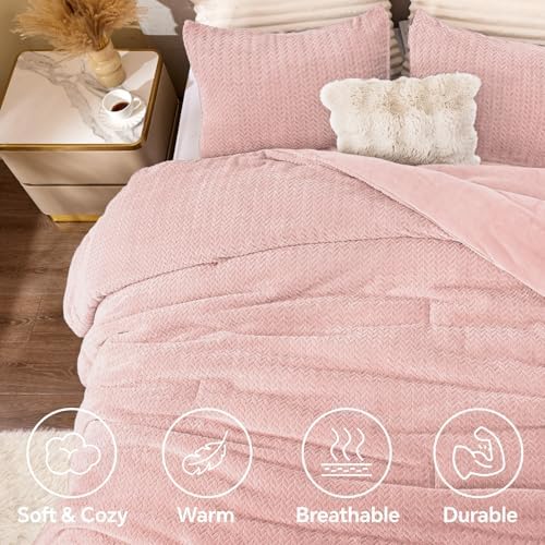 ChiXpace Fleece King Size Comforter Set Pink, Fluffy Bed Set 3 Pieces - Image 3