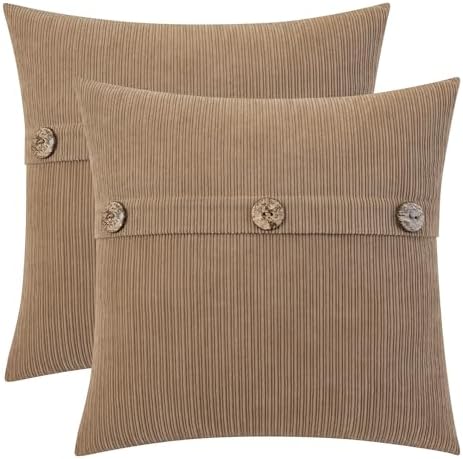 HWY 50 Taupe Chenille Throw Pillow Covers 20x20 Inch Buttons Pack of 2 by HWY50