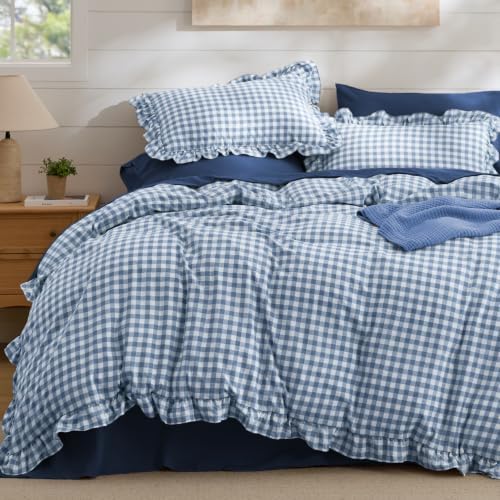 Bedsure Gingham Ruffle Duvet Cover Set, Queen Cotton-Like Quilt Cover by BEDSURE