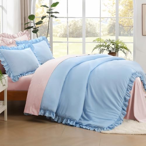 Litanika King Comforter Set, 3 Pieces Light Blue Ruffle Bedding Set - Image 3