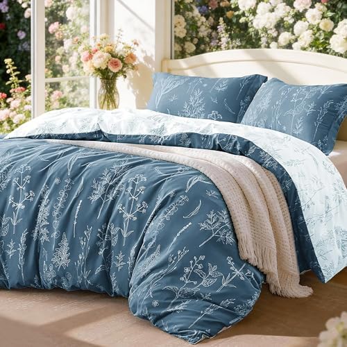 Love's cabin Floral Comforter Set Cute Bedding Full Reversible Bluish Grey by Lovescabin