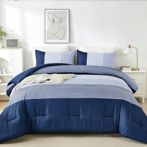 Blue Comforter Set Queen, Reversible Dark Blue Patchwork Stripe Comforter by WONGSBEDDING