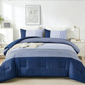 Blue Comforter Set Queen, Reversible Dark Blue Patchwork Stripe Comforter by WONGSBEDDING