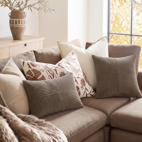Fancy Homi Set of 1, Decorative Light Brown Corduroy Patchwork Soft Striped - Image 5