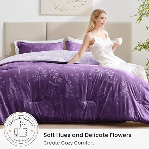 Love's cabin Floral Comforter Set Cute Bedding Twin Reversible Dark Purple - Image 3