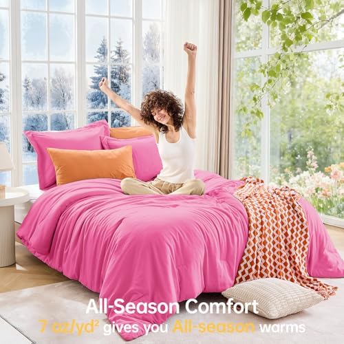 MUXHOMO Full Comforter Set, 3-Piece All-Season Bedding, Hot Pink - Image 4