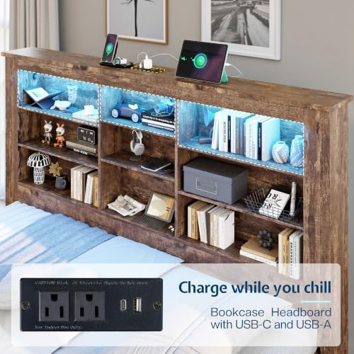Jocisland Twin Bed Frame Bookcase Headboard, USB/LED＆3 Drawers, Rustic Oak - Image 6