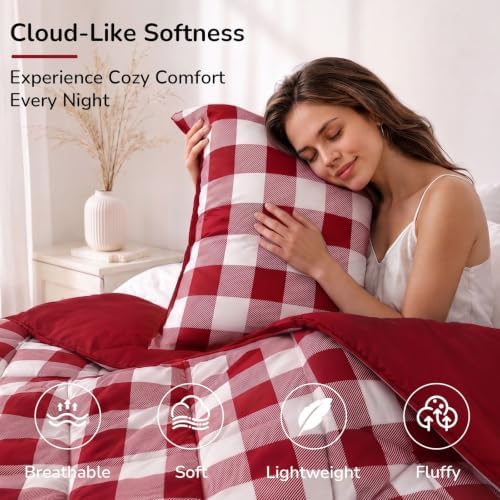 downluxe Queen Comforter Set Soft Reversible 3 Pieces, Plaid Red/White - Image 3