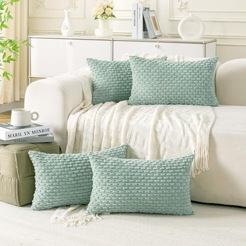 Set of 4 Aqua Decorative Throw Pillow Covers 12x20 Inch Corduroy Pillow Covers by Cozoomy