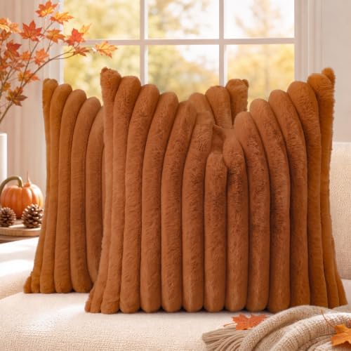 decorUhome Fall Faux Fur Throw Pillow Covers 26x26 Set of 2 Light Rust by decorUhome