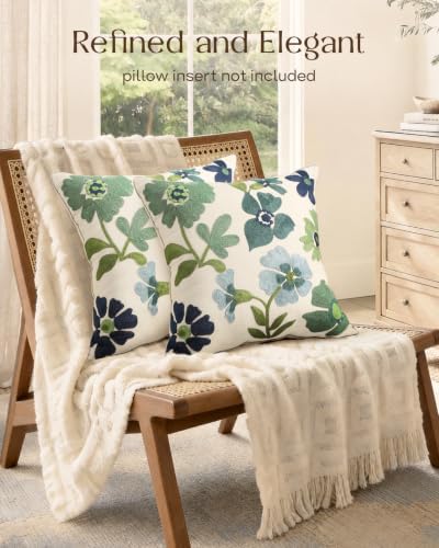 Embroidered Throw Pillow Covers 18x18 Inch, Teal Flower - Image 2