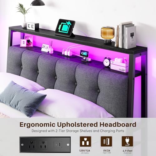 Queen Size Bed Frame with Headboard & Charging Station, LED Lights - Image 3