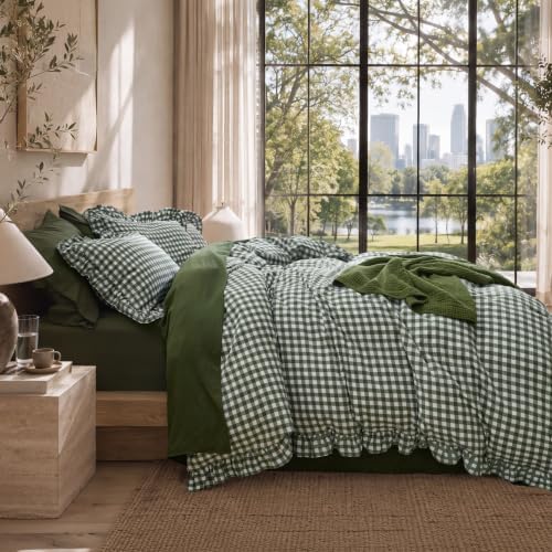 Bedsure Gingham Ruffle Duvet Cover Set, Cotton-Like Bed, Olive Green - Image 2