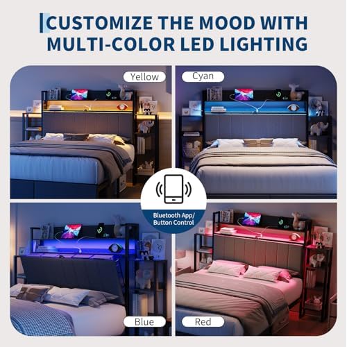 Full Size Upholstered Platform Bed Frame, Storage Headboard, LED Light - Image 5