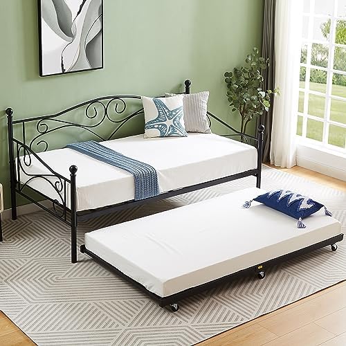 VECELO Metal Daybed Frame with Trundle Twin Size Sofa Bed Mattress Foundation by VECELO
