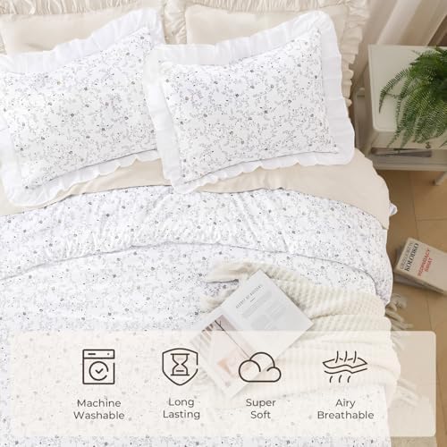 Litanika Queen Comforter Set, 3 Pieces White Floral Ruffle Bedding Set - Image 5