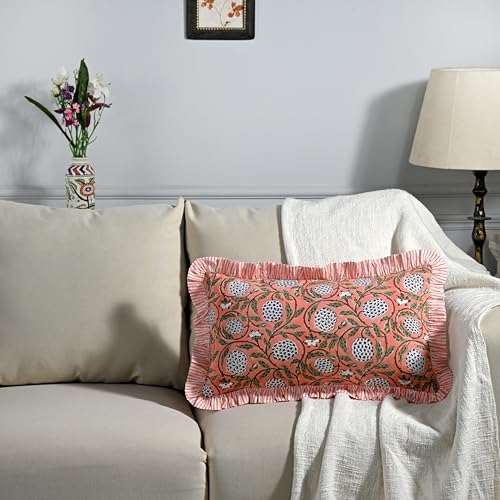 Ridhi Dark Salmon Pink Block Print Ruffle Pillow Sham 20x12 Inch Set of 1 - Image 2
