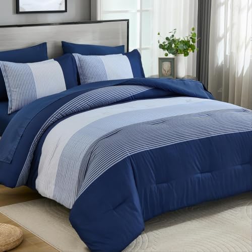 Navy Blue King Size Comforter Set, 7 Pieces Boho Striped Bed in a Bag by Anibedding