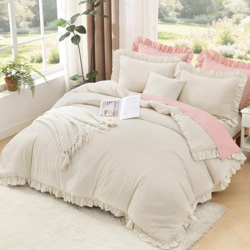 Litanika King Comforter Set, 3 Pieces Beige Ruffle Bedding Set - Image 3