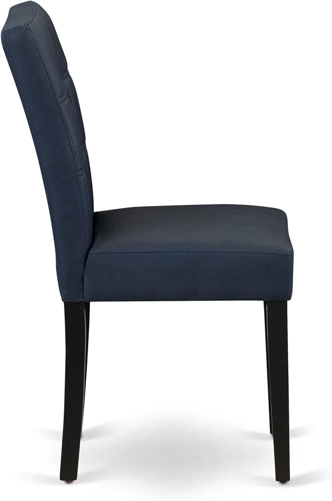 East West Furniture DLAS3-BLK-09 3 Piece Dining Table Set consists A Wood Table and 2 Dark Navy Blue Polyester Fabric Parson Dining Chair with Stylish Back- Black Finish