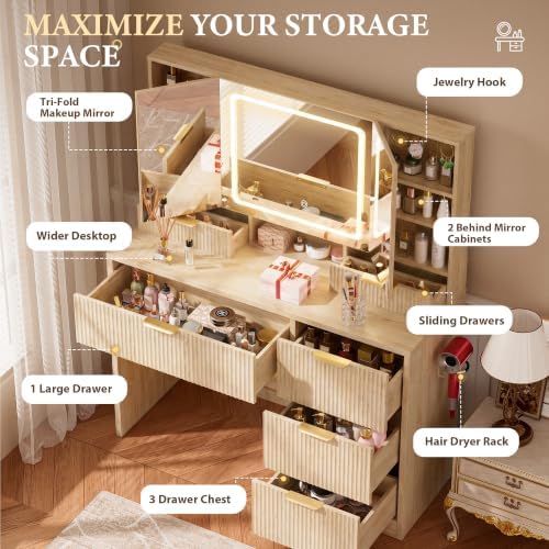 COMHOMA Vanity Desk with 3-Way Mirror and Lights, Makeup Vanity with 360° View - Image 4