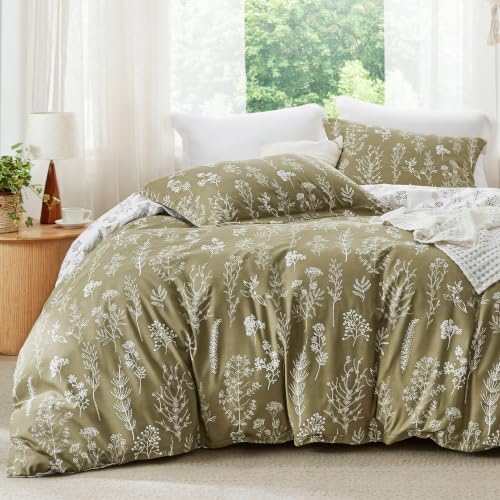 Bedsure Floral Comforter Set Cute Bedding Set Oversized Queen Olive Green by BEDSURE