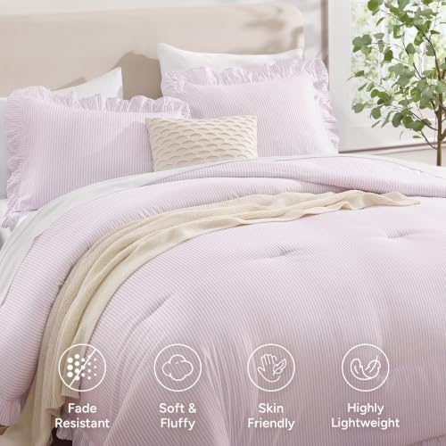 Andency Grey Pink Striped King Ruffle Comforter Set, 3 Pieces - Image 4