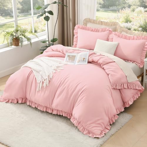 Litanika Queen Comforter Set, 3 Pieces Pink Ruffle Bedding Set - Image 3
