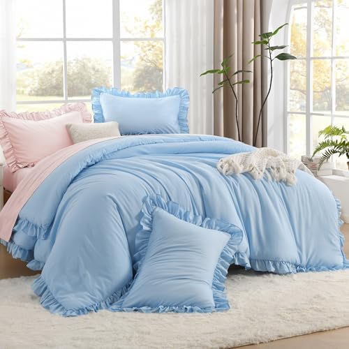 Litanika King Comforter Set, 3 Pieces Light Blue Ruffle Bedding Set by Litanika