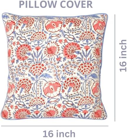 Ridhi Flamingo Pink Block Print Cotton Pillow Cover 16x16 Inch Set of 2 - Image 4