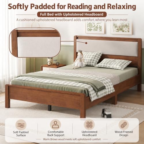 Full Bed Frame with Upholstered Headboard, Wooden Platform Bed - Image 5