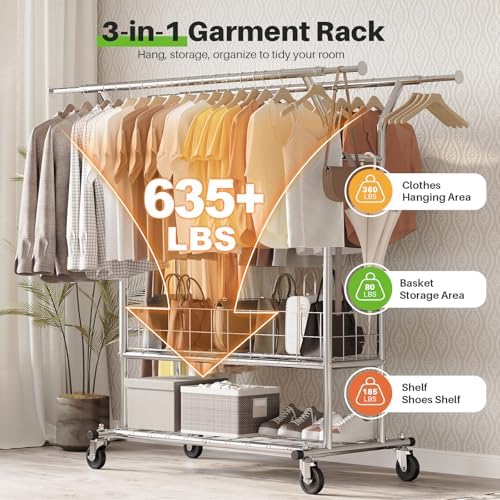 HOKEEPER Heavy Duty Clothes Rack Load 635 LBS Height Adjustable Double Rod - Image 2