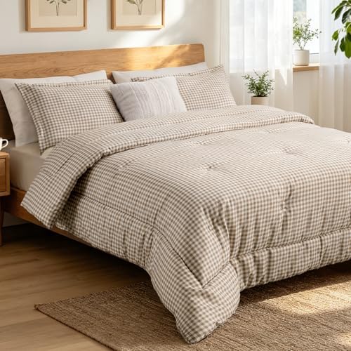 King Comforter Set, Fluffy Tan Gingham Plaid Bedding, 3 Pieces - Image 5