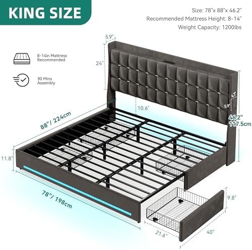 DWVO King Bed Frame with 4 Drawers and RGB LED Light, Charging Station - Image 2
