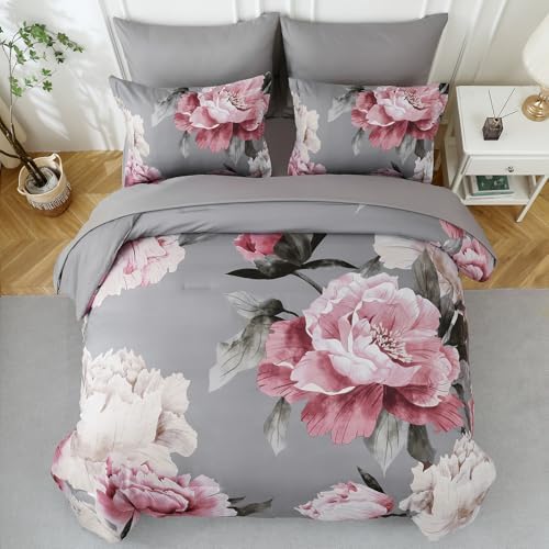 Pink and Grey Comforter Set Full Size 7 Piece Bed in a Bag, Floral Printed on - Image 3