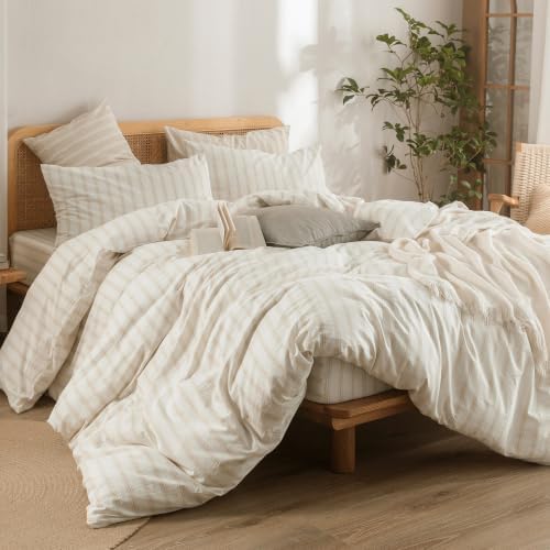 BESTOUCH Striped Cotton Duvet Cover Set Linen Feel Oversized Queen - Image 5