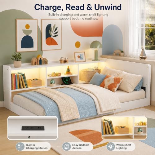 Twin Floor Bed with Storage, L-Shaped Corner Bed, Charging & LED - Image 5
