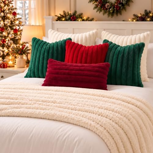 decorUhome Christmas Faux Fur Throw Pillow Covers 12X20 Set of 2 Red - Image 4