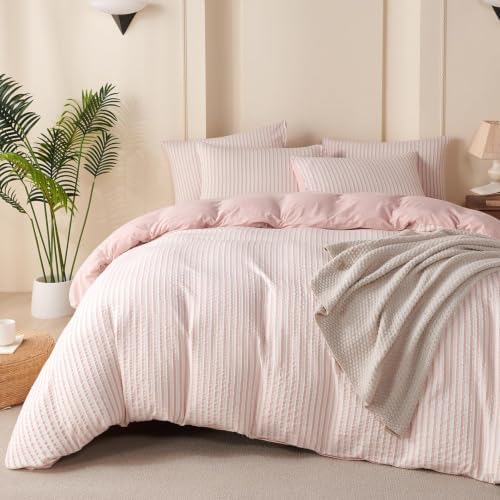 Pink Comforter Set Full Size Striped 100% Soft Washed Microfiber Jacquard 3 by BUPIRD
