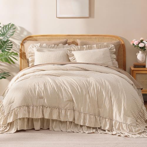 Queen Comforter Set Gingham Ruffle Tan 7 Pieces Bed in a Bag by AMBERSPACE