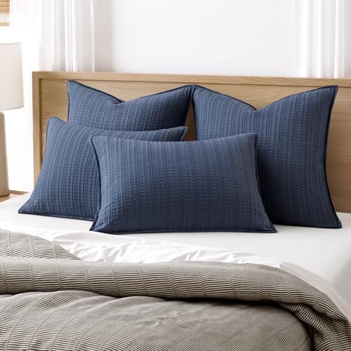 Decorative Waffle Euro Sham Pillow Covers 24x24 Navy Blue 2 Pack - Image 2