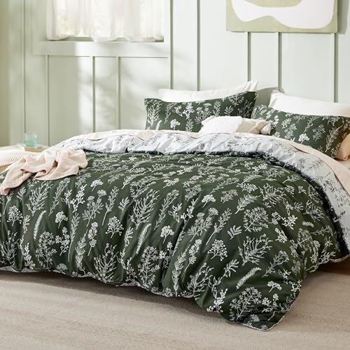 Bedsure Floral Comforter Set Cute Bedding Set Full Reversible Dark Olive - Image 2