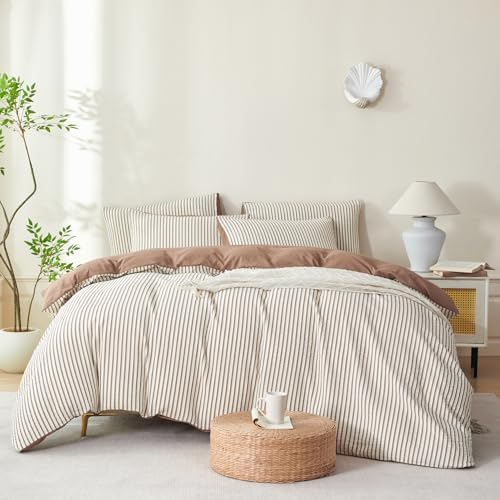 Mocha Brown Comforter Set King Striped Soft Washed Microfiber Jacquard 3 Pieces - Image 3