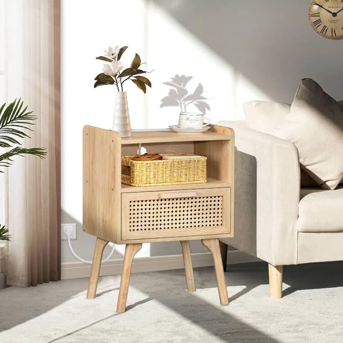 Lerliuo Rattan Nightstand with Charging Station, Boho Side Table with Drawer Open Shelf, Cane Accent Bedside End Table for Bedroom, Dorm and Small Spaces