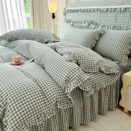LifeTB Green Gingham Comforter Set Full Size Ruffle Plaid Checkered Pattern by LIFETB